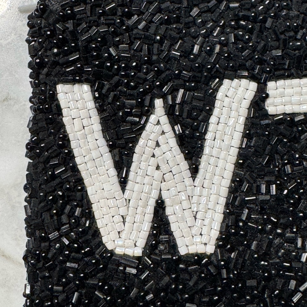 MOYNA “WTF” Black and White Beaded Zipper Pouch 5x3” - Picture 5 of 13